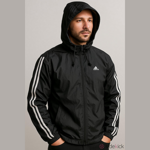 Adidas Men’s XL Black 3-Stripes Windbreaker Jacket Hooded Lined Zip Up